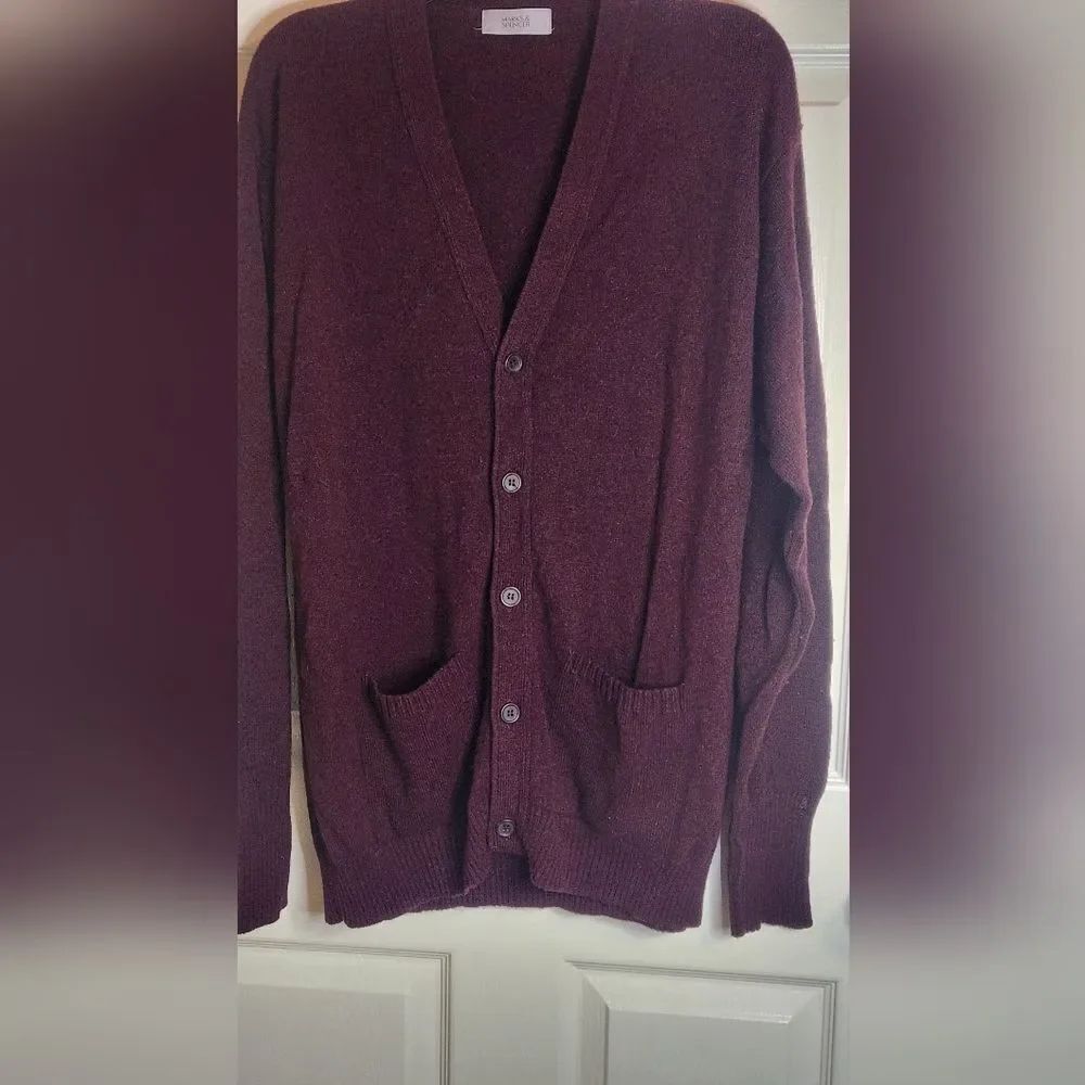Marks&Spencer M Burgundy 100% LAMBSWOOL  Pockets Lslv Buttons Up Men's Cardigan